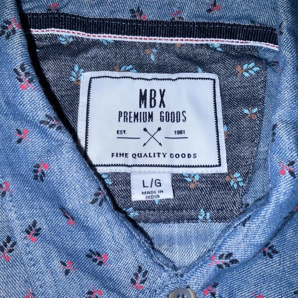 MBX Womens L Blue Summer Shirt Casual Short Sleeve Button Up Pattern Camp Party - Picture 3 of 10